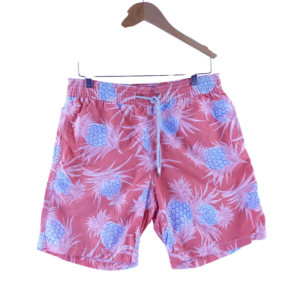Vilebrequin Moorea Mens Large Pineapple Print Swim Trunks Coral Pink Blue